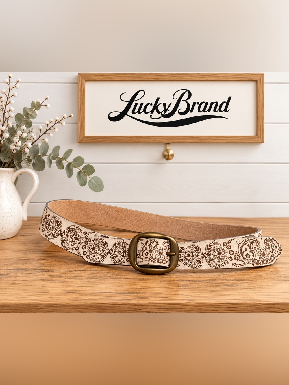 Lucky Brand – Paisley Leather Belt – Ivory & Brown – Size M